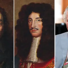 Drei Porträts: Karl II. von England, ein Mann mit Perücke und ein heutiger Mann. Karl II. hatte viele Kinder.