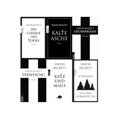 Bücher von Simon Beckett: "Die Chemie des Todes", "Kalte Asche", "Leichenblässe", "Verwesung", "Katz und Maus" und "Schneefall".