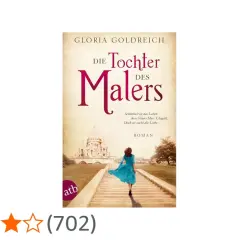 Buchcover "Die Tochter des Malers" von Gloria Goldreich. Eine Frau in blauem Kleid läuft eine Treppe hinauf, im Hintergrund eine Kirche. Es geht um das Leben von Ida Chagall.