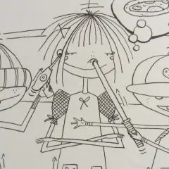 Lotta Leben Ausmalbilder: Drei Kinder mit lustigen Waffen, die auf einander zielen. Eines träumt von Pizza.