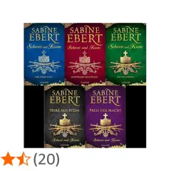 Fünf Bücher der Reihe "Schwert und Krone" von Sabine Ebert in verschiedenen Farben, mit Schwertern und Kronen als Motiv.