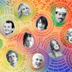 Collage aus Köpfen bekannter Komiker und Schauspieler vor einem bunten "HA HA"-Hintergrund.