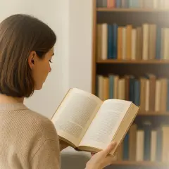 Eine junge Frau sitzt mit einem offenen Buch in der Hand vor einem Bücherregal. Sie überlegt, welches Buch sie als nächstes lesen soll.