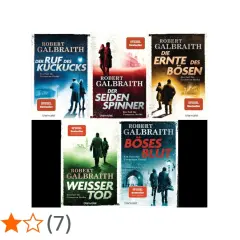 Die Galbraith Reihenfolge: "Der Ruf des Kuckucks", "Der Seidenspinner", "Die Ernte des Bösen", "Böses Blut" und "Weißer Tod" sind als Buchcover zu sehen.