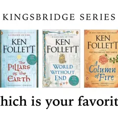 Fünf Buchcover der Kingsbridge-Reihe von Ken Follett: "The Evening and the Morning", "The Pillars of the Earth", "World Without End", "A Column of Fire", "The Armor of Light".