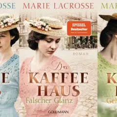 Drei Buchcover der Reihe "Das Kaffeehaus" von Marie Lacrosse. Junge Frauen im viktorianischen Stil blicken nachdenklich.
