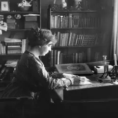 Norwegische Schriftstellerin Sigrid sitzt an ihrem Schreibtisch, umgeben von Büchern, und schreibt.
