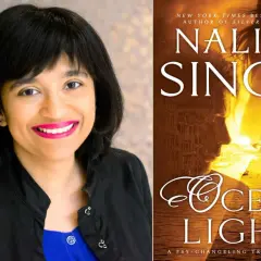 Nalini Singh lächelt, neben dem Buchcover "Ocean Light", einem Roman der "Psy-Changeling Trinity"-Reihe.