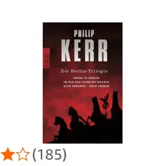 Buchcover von Philip Kerrs "Die Berlin-Trilogie" mit dem Untertitel "Alte Freunde – Neue Feinde". Die Silhouette der Quadriga vor rotem Himmel.