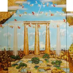Surreale Landschaft mit einer Treppe zum Himmel, die sich zu einer Stadt windet. Vögel fliegen über antiken Säulen und Felsen.