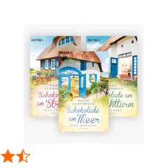 Drei Buchcover von Marie Schönbeck mit idyllischen Häusern am Meer. Die Titel "Schokolade am Strand", "Schokolade am Meer" und "Schokolade am Leuchtturm" versprechen süße Geschichten.
