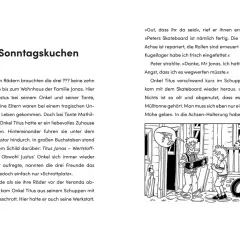 Illustration aus einem Buch von Ulf Blanck: Onkel Titus repariert Peters Skateboard in seiner Werkstatt.