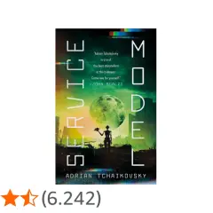 Cover von "Service Model" von Adrian Tchaikovsky. Ein Roboter steht vor einer grünen Mondlandschaft.