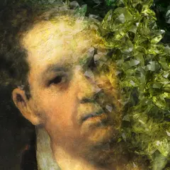 Ein Porträt, das an Goya's Schwarze Bilder erinnert, zerfällt in grüne Kristalle.