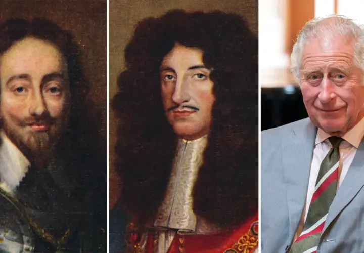 Drei Porträts: Karl II. von England, ein Mann mit Perücke und ein heutiger Mann. Karl II. hatte viele Kinder.