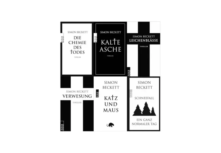 Bücher von Simon Beckett: "Die Chemie des Todes", "Kalte Asche", "Leichenblässe", "Verwesung", "Katz und Maus" und "Schneefall".