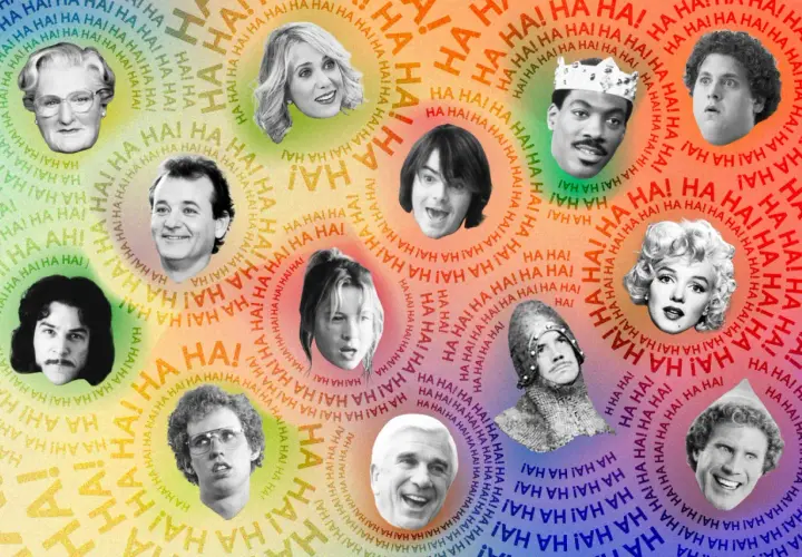 Collage aus Köpfen bekannter Komiker und Schauspieler vor einem bunten "HA HA"-Hintergrund.