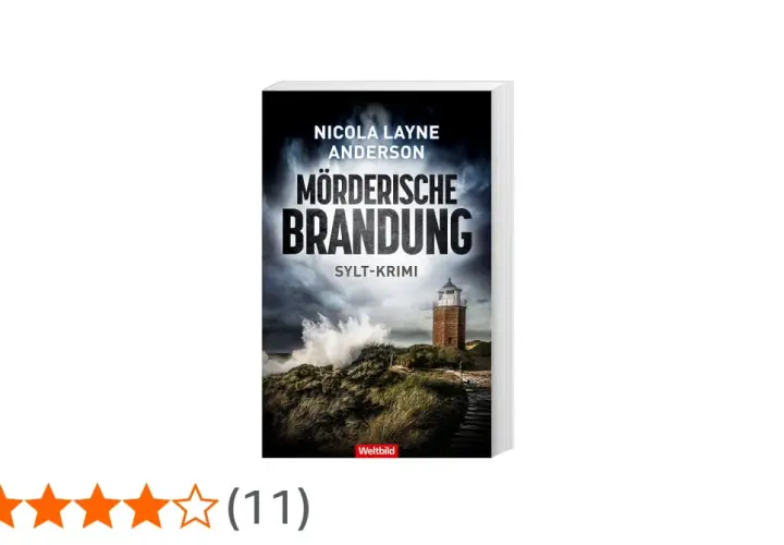 Buchcover "Mörderische Brandung" von Nicola Layne Anderson, ein düsterer Sylt-Krimi mit Leuchtturm und tosender See.