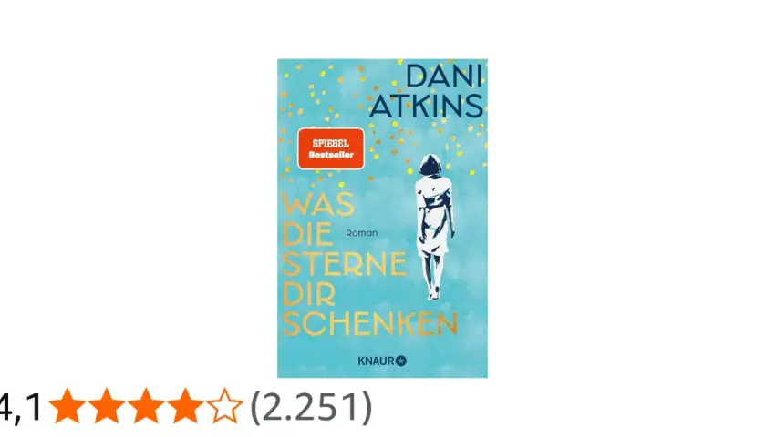 Buchcover "Was die Sterne dir schenken" von Dani Atkins. Eine Frau steht vor einem blauen Hintergrund mit goldenen Konfetti.