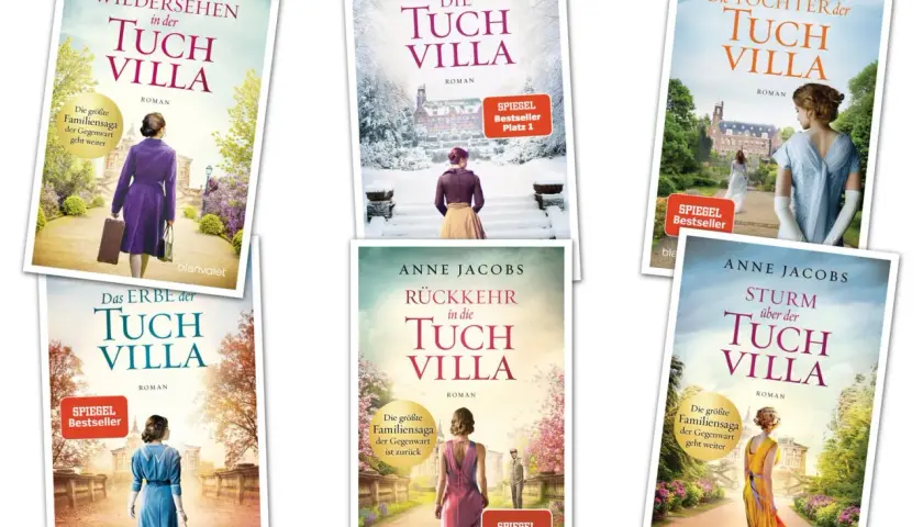 Die Tuchvilla-Saga von Anne Jacobs: Sechs Buchcover, die die Familiengeschichte der Tuchvilla erzählen.
