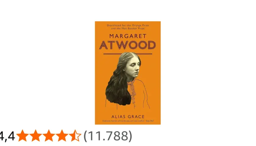 Buchcover "Alias Grace" von Margaret Atwood, mit einem Porträt einer jungen Frau und der Auszeichnung "grace marks" für Preise.