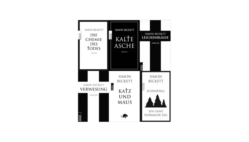 Bücher von Simon Beckett: "Die Chemie des Todes", "Kalte Asche", "Leichenblässe", "Verwesung", "Katz und Maus" und "Schneefall".