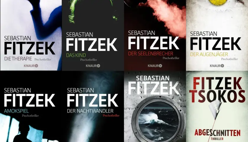 Acht Buchcover von Sebastian Fitzek, einem Bestseller-Autor von Psychothrillern. Die Cover zeigen düstere Motive wie Augen, Schatten und stürmische See.
