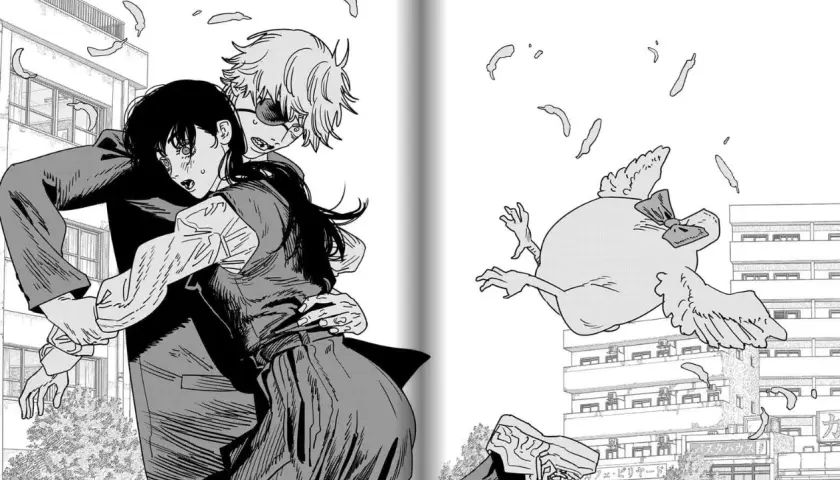 Chainsaw Man 2: Ein Mann umarmt eine Frau, während ein fliegendes Hühnchen mit Schleife im Hintergrund vorbeisaust. Federn schweben.