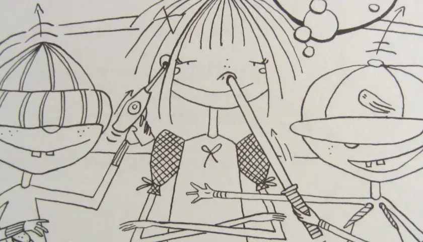 Lotta Leben Ausmalbilder: Drei Kinder mit lustigen Waffen, die auf einander zielen. Eines träumt von Pizza.