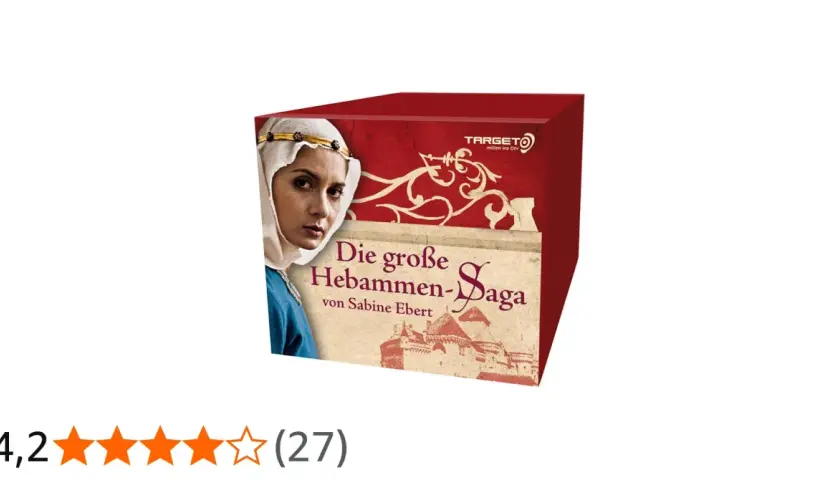 Die große Hebammen-Saga von Sabine Ebert, ein Buchcover mit einer Frau im mittelalterlichen Gewand und einer Burg.