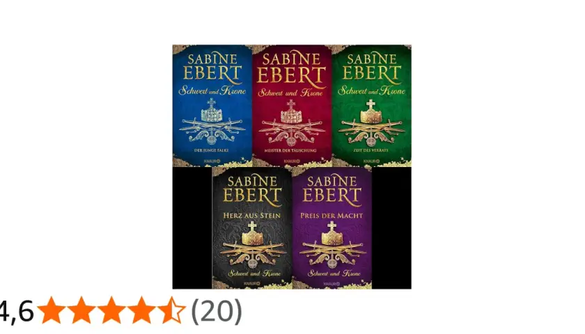 Fünf Bücher der Reihe "Schwert und Krone" von Sabine Ebert in verschiedenen Farben, mit Schwertern und Kronen als Motiv.