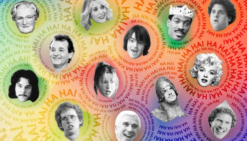 Collage aus Köpfen bekannter Komiker und Schauspieler vor einem bunten "HA HA"-Hintergrund.