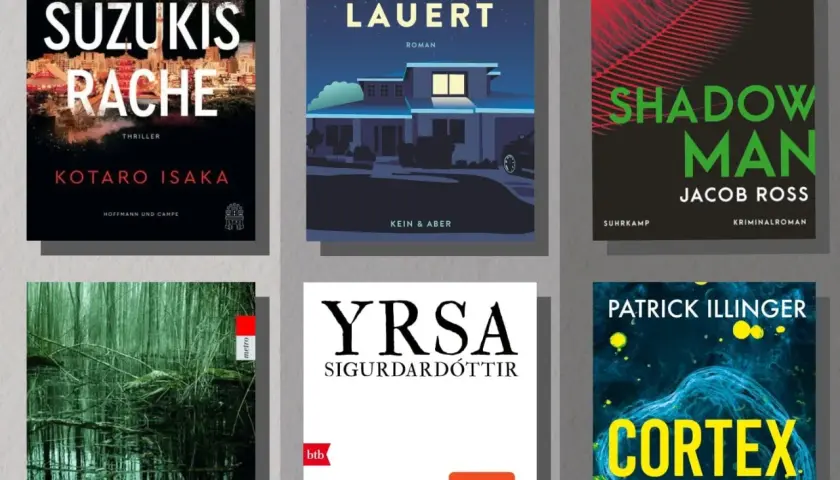 Sechs Buchcover, darunter "Suzukis Rache" und "Cortex", die zu einer buch thriller top 10 gehören könnten.