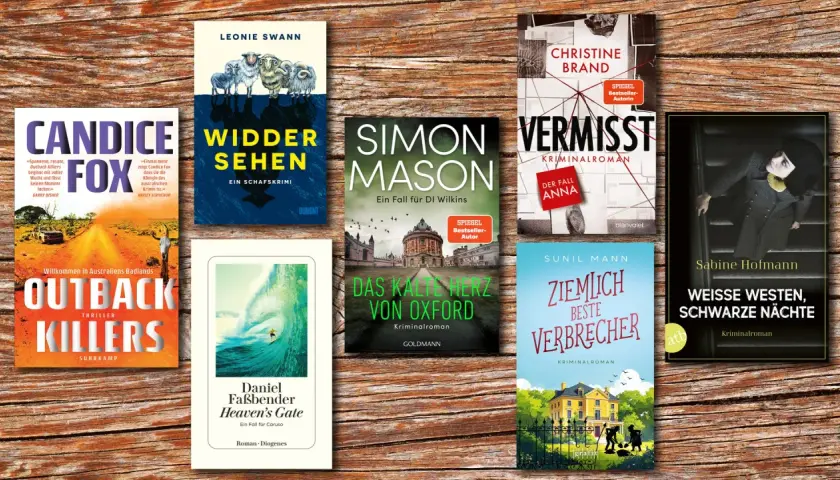Bestseller-Krimis auf Holz: "Outback Killers", "Widder sehen", "Das kalte Herz von Oxford" und mehr.