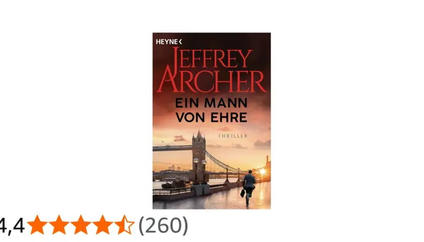 Buchcover "Ein Mann von Ehre" von Jeffrey Archer. Ein Mann rennt vor der Tower Bridge in London davon.