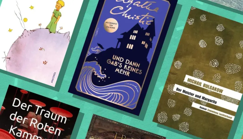 Bestseller-Romane wie "Der kleine Prinz" und "Der Meister und Margarita" neben Agatha Christie und J.R.R. Tolkien. Keine historischen Romane im Mittelalter-Stil, aber spannende Lektüre.