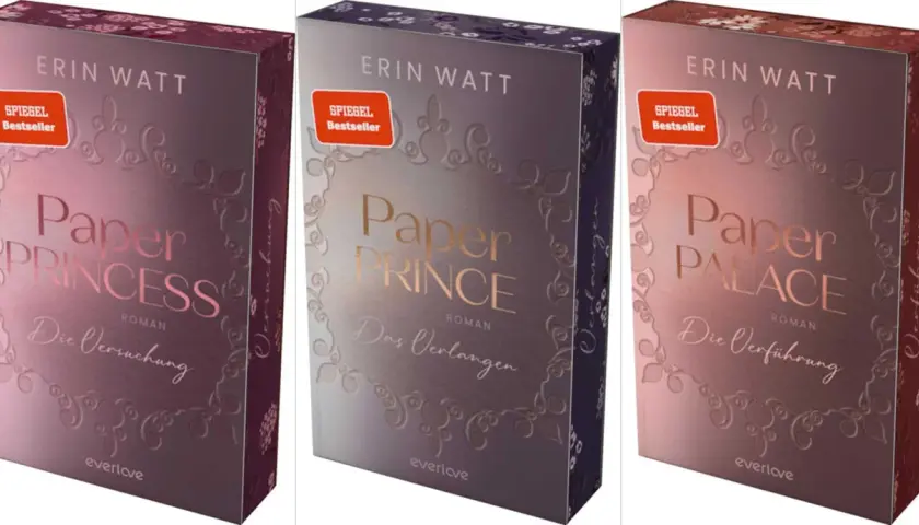 Drei Bücher von Erin Watt: "Paper Princess - Die Versuchung", "Paper Prince - Das Verlangen" und "Paper Palace - Die Verführung". Die Reihenfolge der "Paper"-Reihe ist hier gut erkennbar.