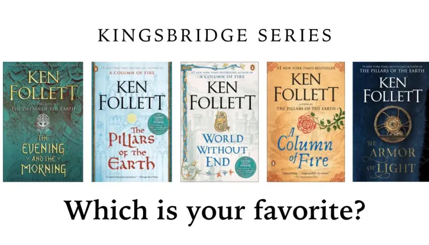 Fünf Buchcover der Kingsbridge-Reihe von Ken Follett: "The Evening and the Morning", "The Pillars of the Earth", "World Without End", "A Column of Fire", "The Armor of Light".