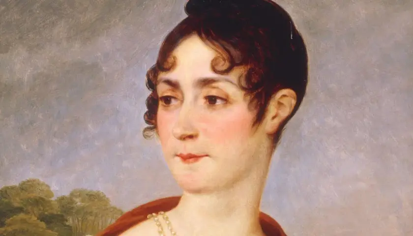 Porträt einer jungen Frau mit hochgestecktem Haar und Perlenkette. Sie könnte eine der Enkelkinder von Joséphine de Beauharnais sein.