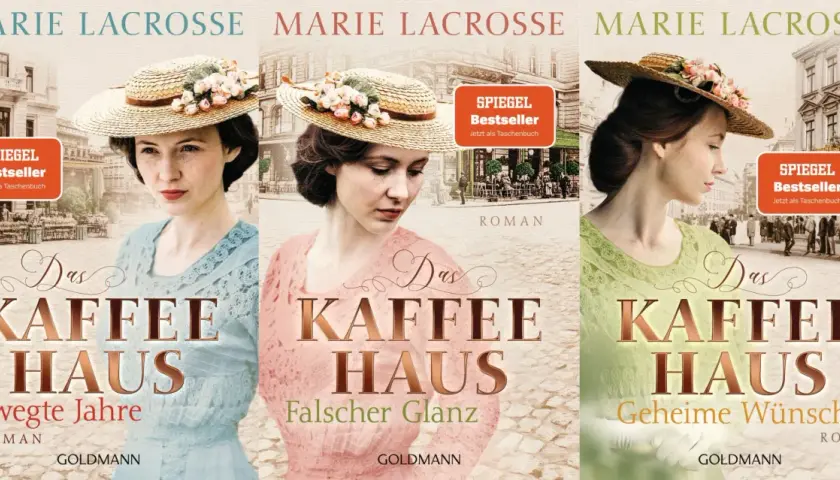Drei Buchcover der Reihe "Das Kaffeehaus" von Marie Lacrosse. Junge Frauen im viktorianischen Stil blicken nachdenklich.