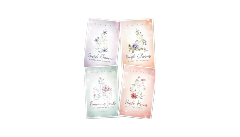 Vier Buchcover der Whitestone Hospital Reihe von Ava Reed: "Saved Dreams", "Tough Choices", "Drowning Souls" und "High Hopes".