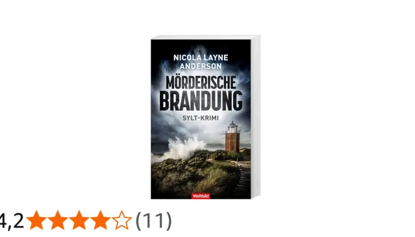 Buchcover "Mörderische Brandung" von Nicola Layne Anderson, ein düsterer Sylt-Krimi mit Leuchtturm und tosender See.