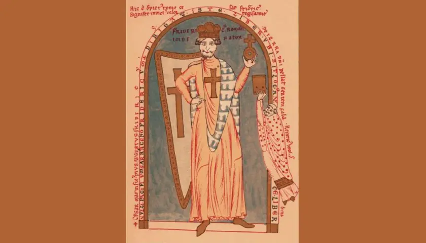 Historische Darstellung von Friedrich I. Barbarossa, wie in Sabine Eberts Romanen beschrieben. Die Reihenfolge der Ereignisse wird hier bildlich dargestellt.