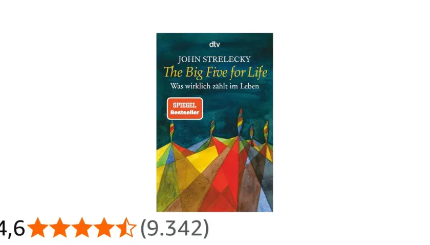 Das Taschenbuch "The Big Five for Life" von John Strelecky, ein Spiegel-Bestseller, mit abstrakter Kunst auf dem Cover.