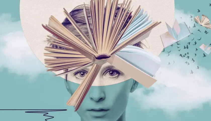 Ein Kopf voller Bücher, die wie Flügel in den Himmel fliegen. Das ist ein gutes Leben: Wissen, das uns beflügelt und uns frei macht.