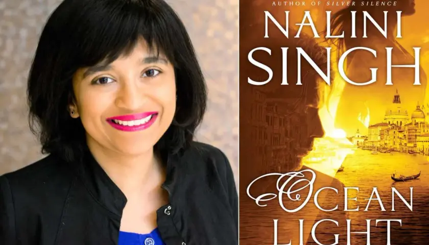 Nalini Singh lächelt, neben dem Buchcover "Ocean Light", einem Roman der "Psy-Changeling Trinity"-Reihe.