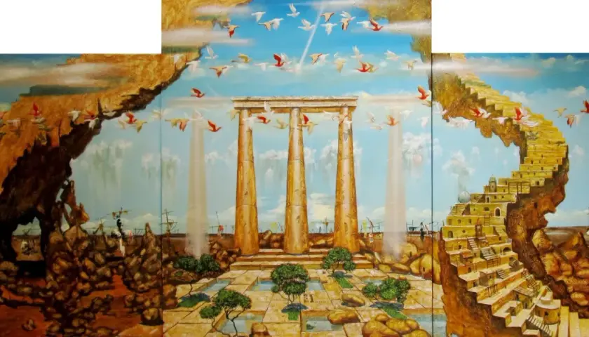 Surreale Landschaft mit einer Treppe zum Himmel, die sich zu einer Stadt windet. Vögel fliegen über antiken Säulen und Felsen.