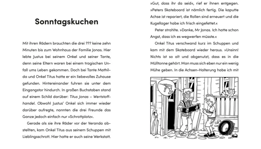 Illustration aus einem Buch von Ulf Blanck: Onkel Titus repariert Peters Skateboard in seiner Werkstatt.