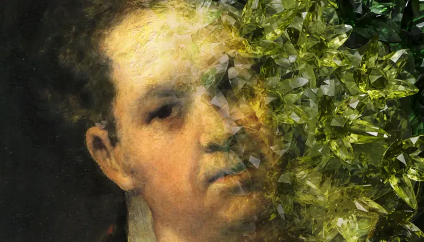 Ein Porträt, das an Goya's Schwarze Bilder erinnert, zerfällt in grüne Kristalle.