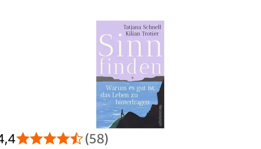 Buchtitel "Sinn finden" von Tatjana Schnell und Kilian Trotier. Ein Buch über den Sinn des Lebens, mit einer Person, die auf einem Felsen steht und auf das Meer blickt.
